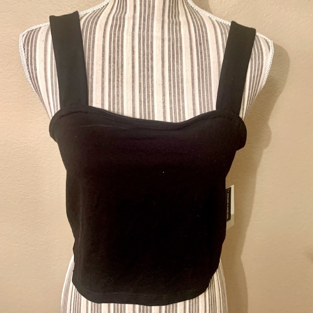 NWT Crop Top Large BP Black Sleeveless Cotton Elastic Stretch Straight Neckline